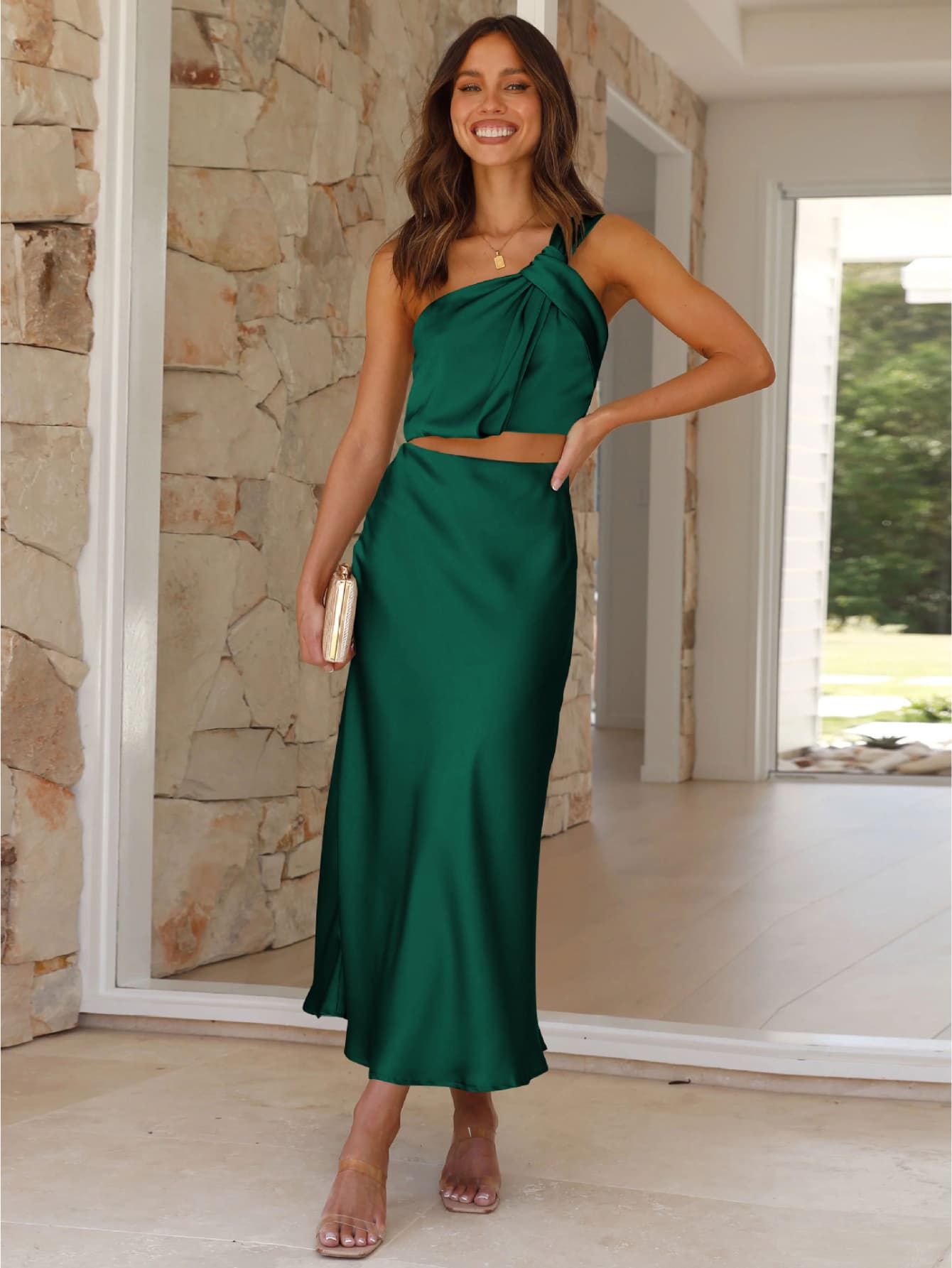 Ensemble deux pièces chic satin vert