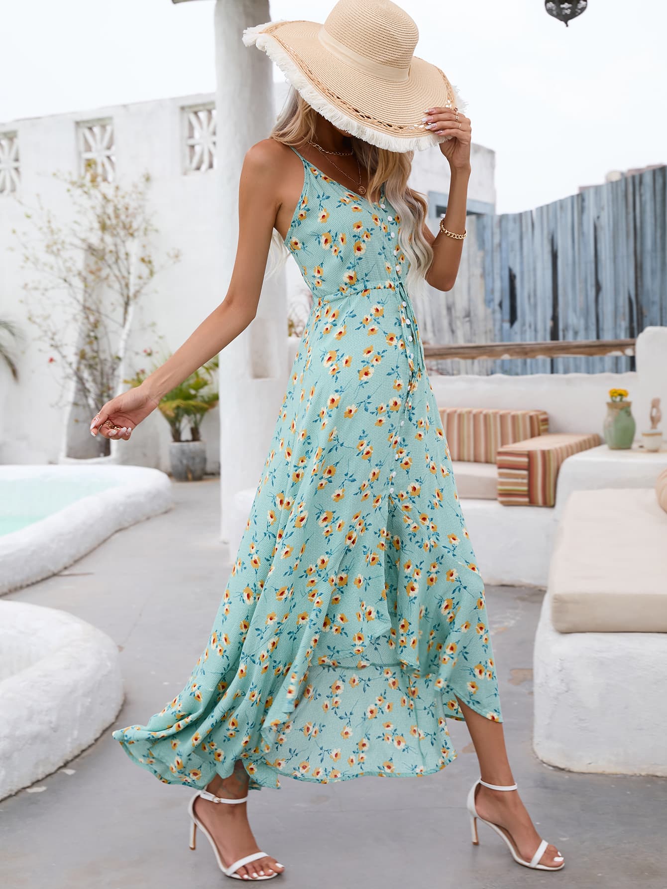 Robe longue fleurie bleue