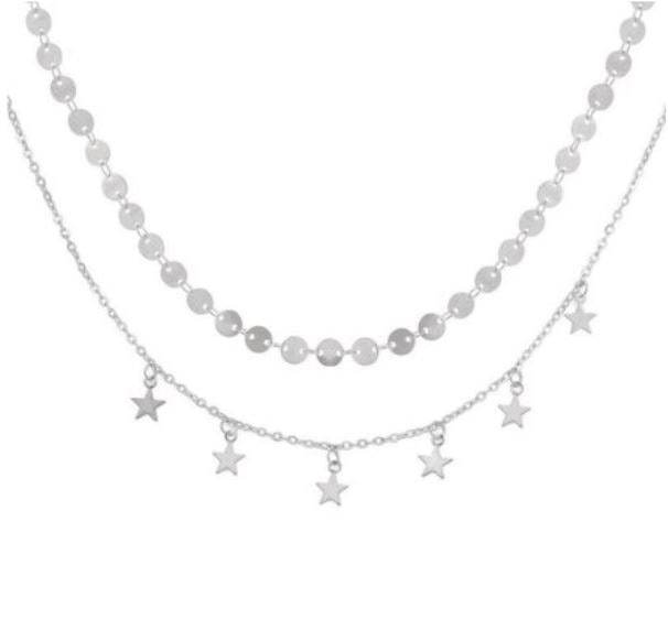 Collier bohème deux étages étoiles argent