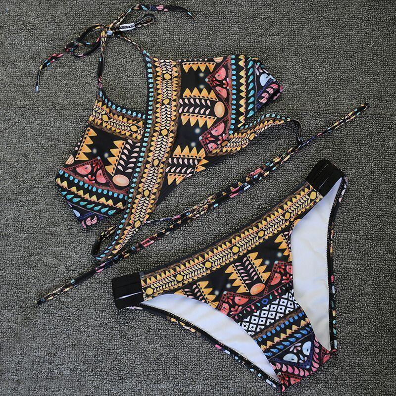 maillot de bain 2 pièces aux motifs aztèques doré