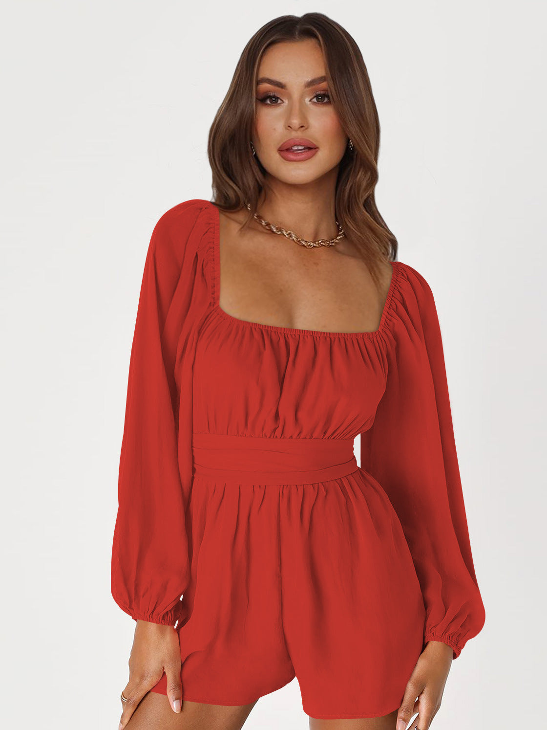 Combi-short chic à manches longues rouge femme