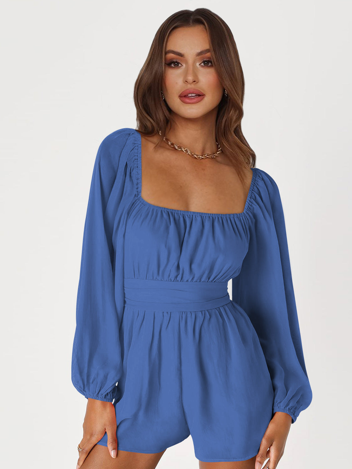 Combi-short bleu chic à manches longues femme