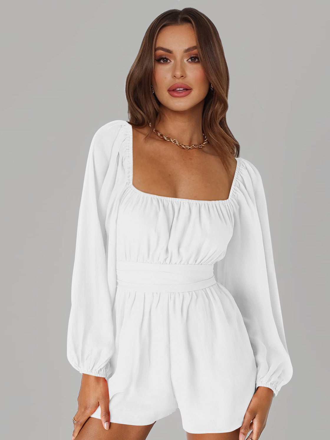 Combi-short blanc chic à manches longues femme
