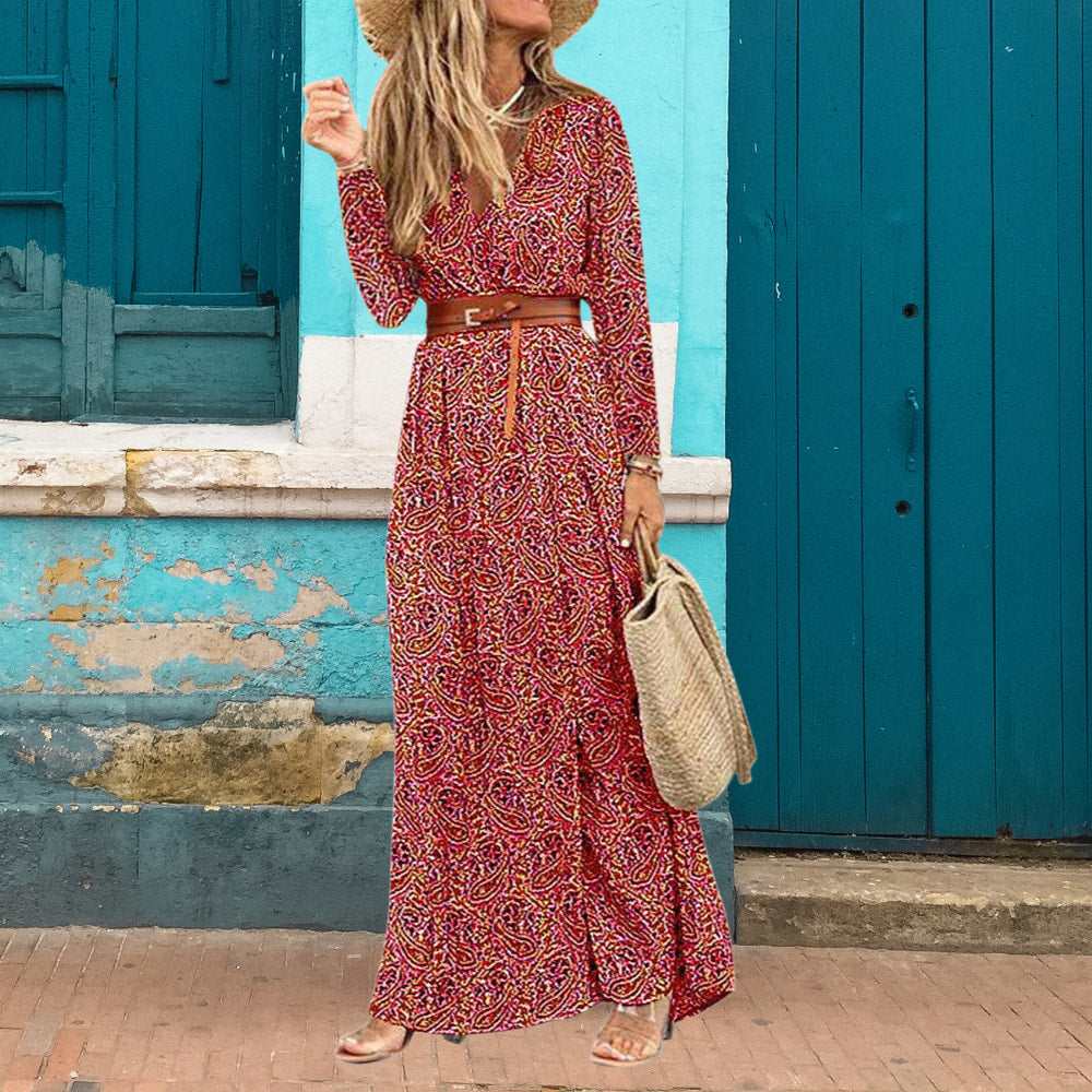 Robe bohème Lottie-S-Rouge-Longues - Belishop