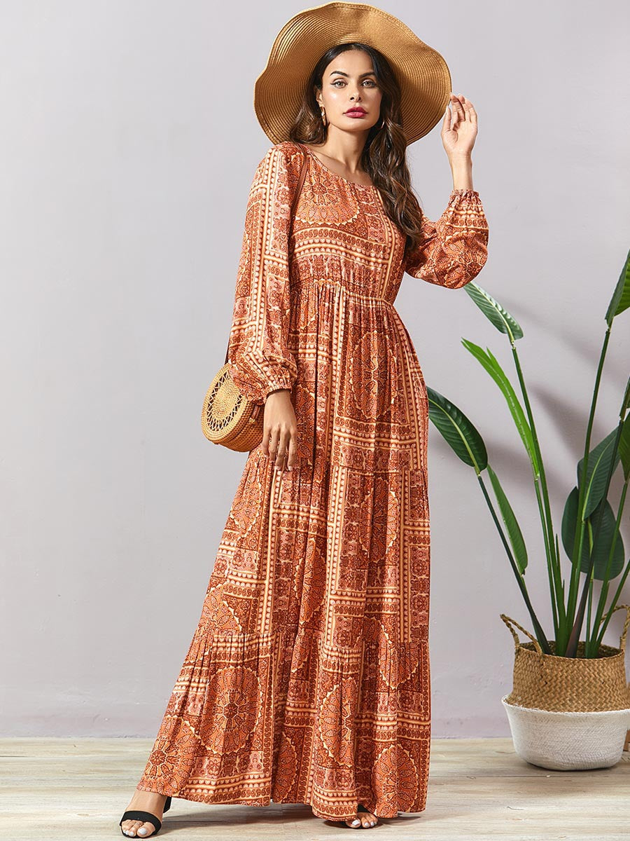 Robe hippie chic à manches longues- - Belishop