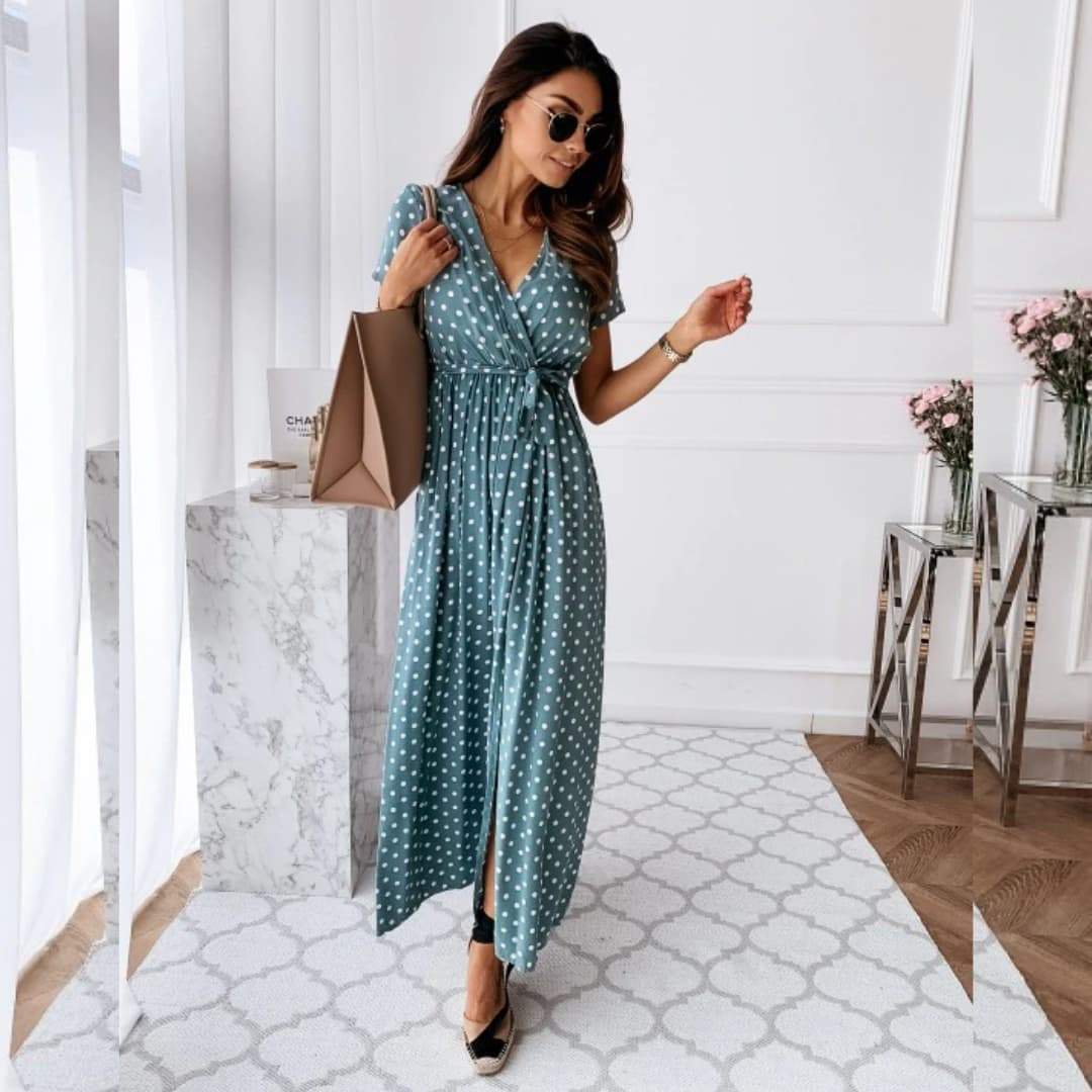 Robe portefeuille à pois-S-Bleu- - Belishop