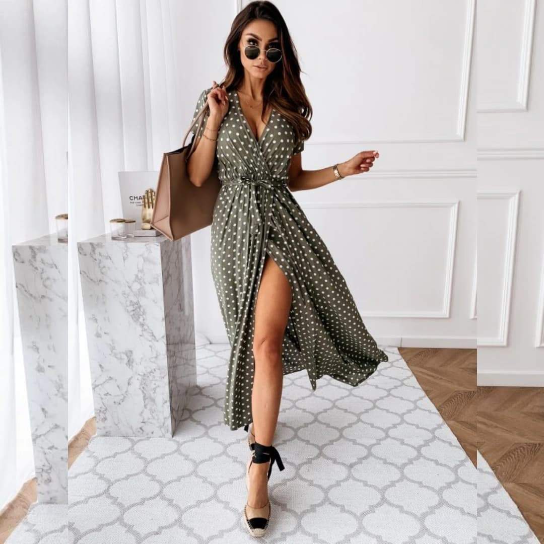 Robe portefeuille à pois-S-Vert- - Belishop