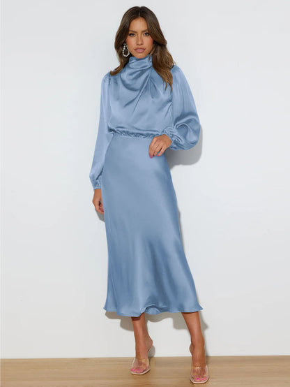 Robe longue chic satin bleu