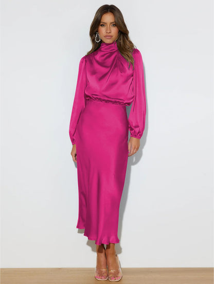 Robe longue chic satin rose