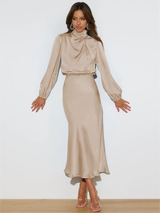 Robe longue chic satin beige