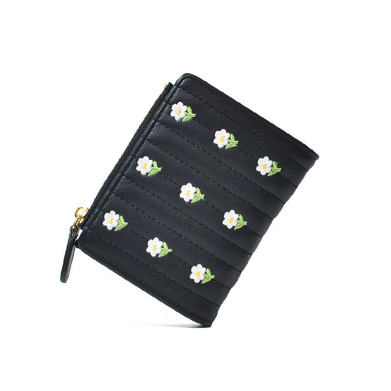 Petit portefeuille fleurs femme noir