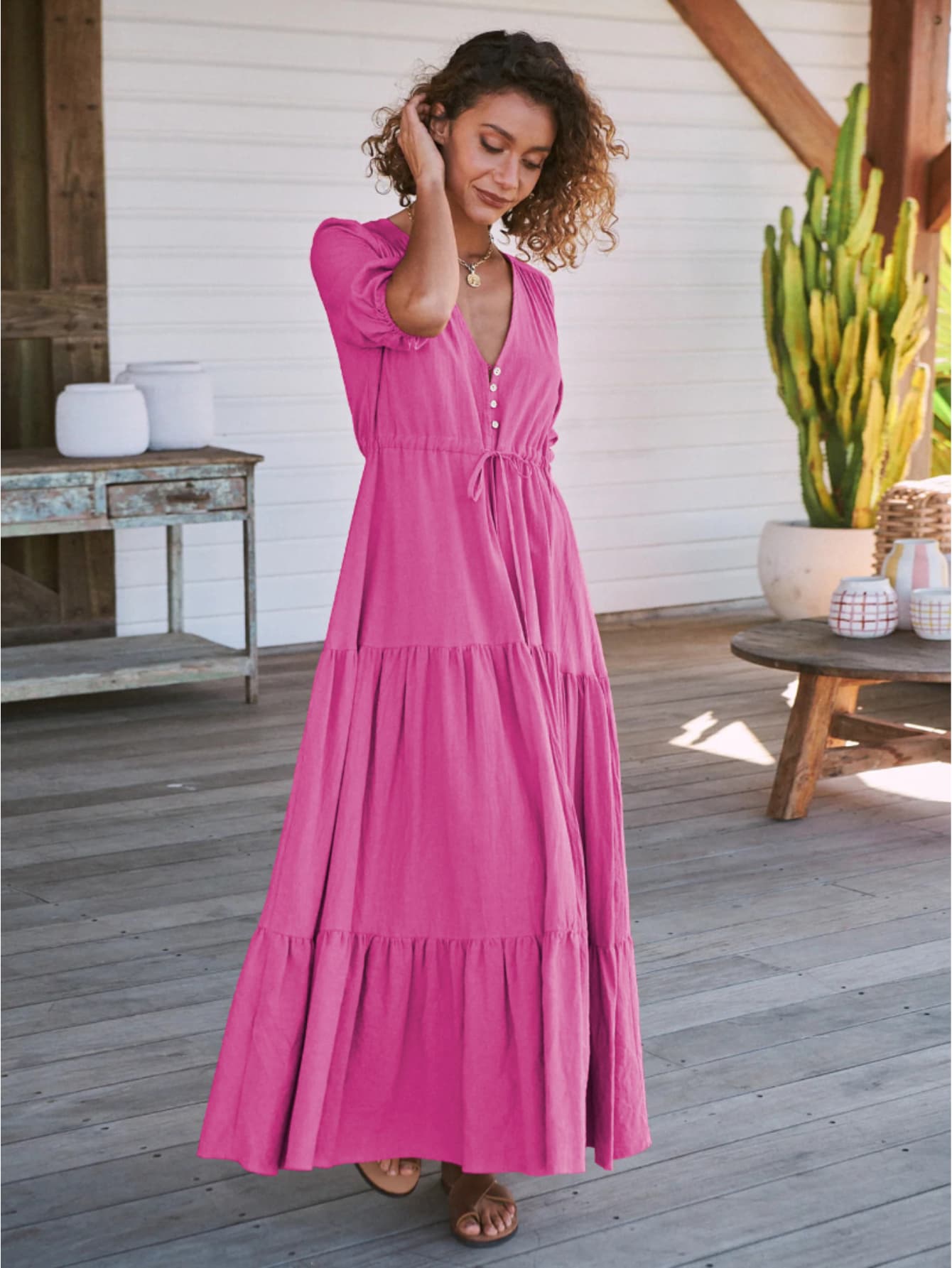 Robe hippie chic d'été longue rose