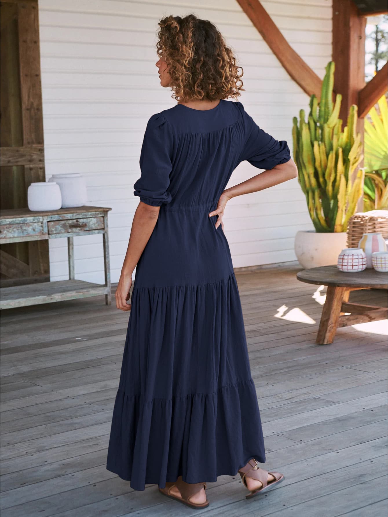 Robe hippie chic d'été longue bleu de dos