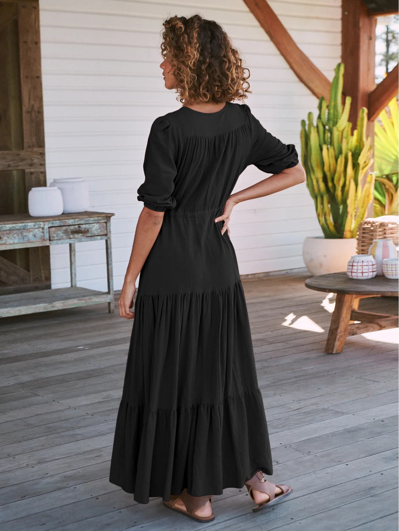 Robe hippie chic d'été longue noir de dos