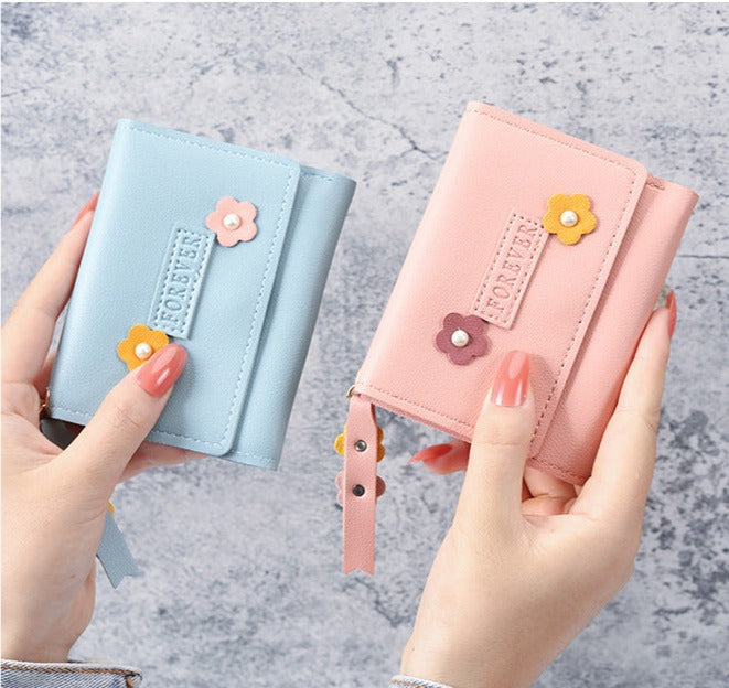 Petit portefeuille à fleurs bleu et rose