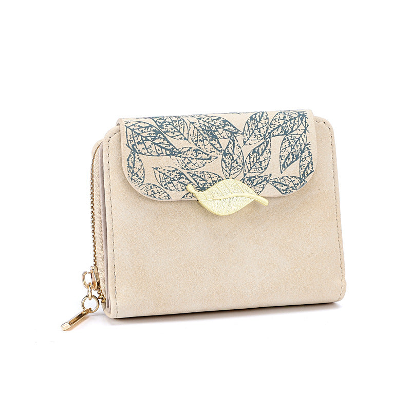 Petit portefeuille femme élégant feuille beige