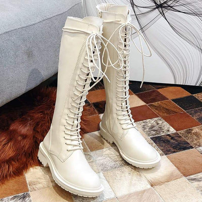 Bottes hautes à lacets Crème- - Belishop