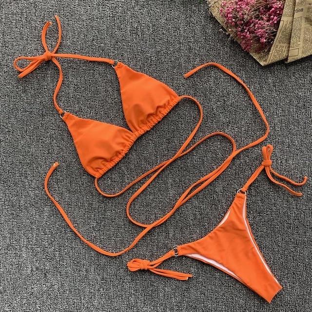 Maillot de bain deux pièces orange triangle à lacet