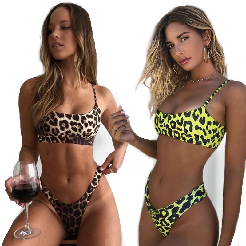 Bikini deux pièces léopard couleur marron et cuoleur flo jaune