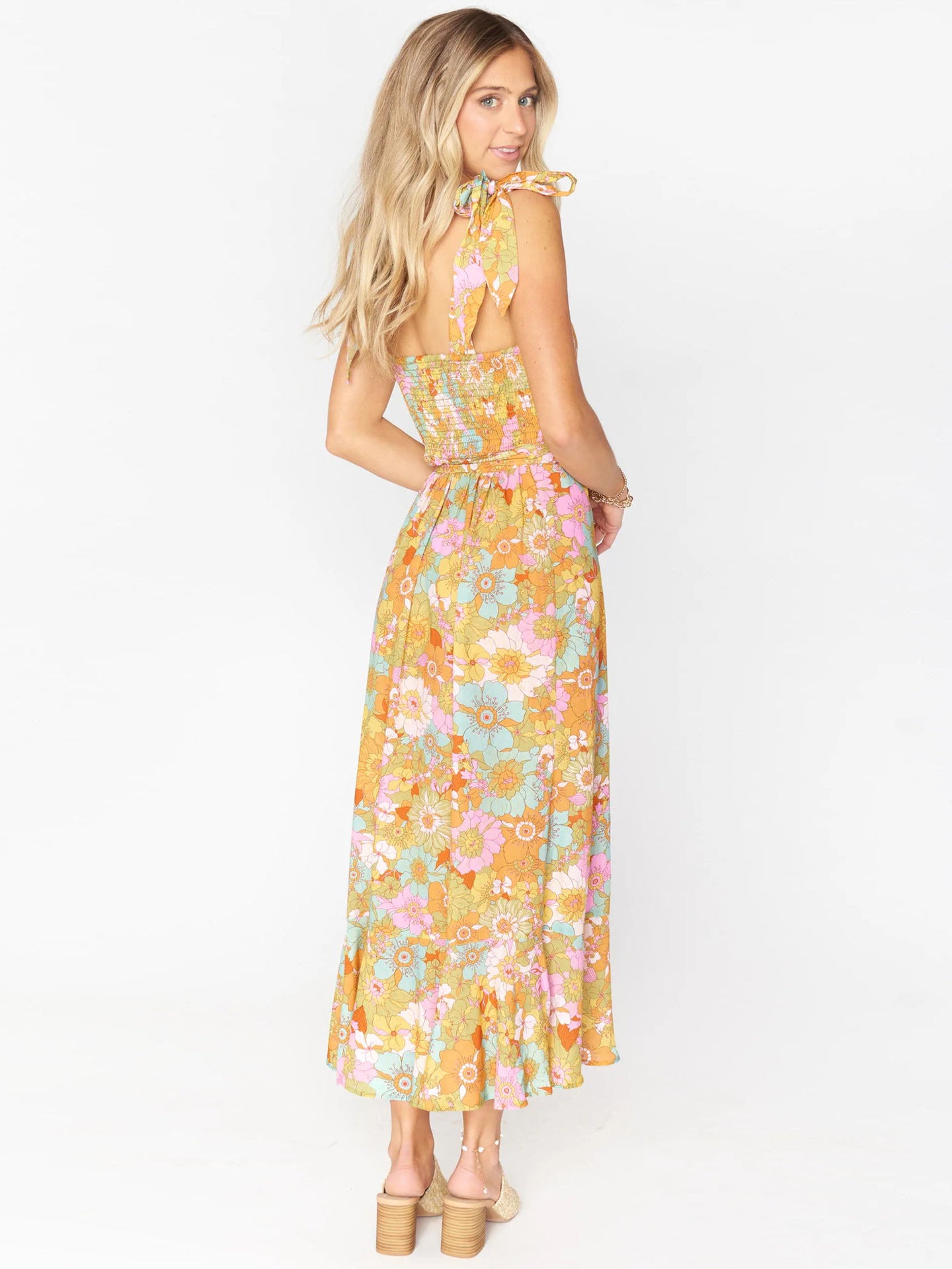 Robe longue fleurie hippie multicolore dos