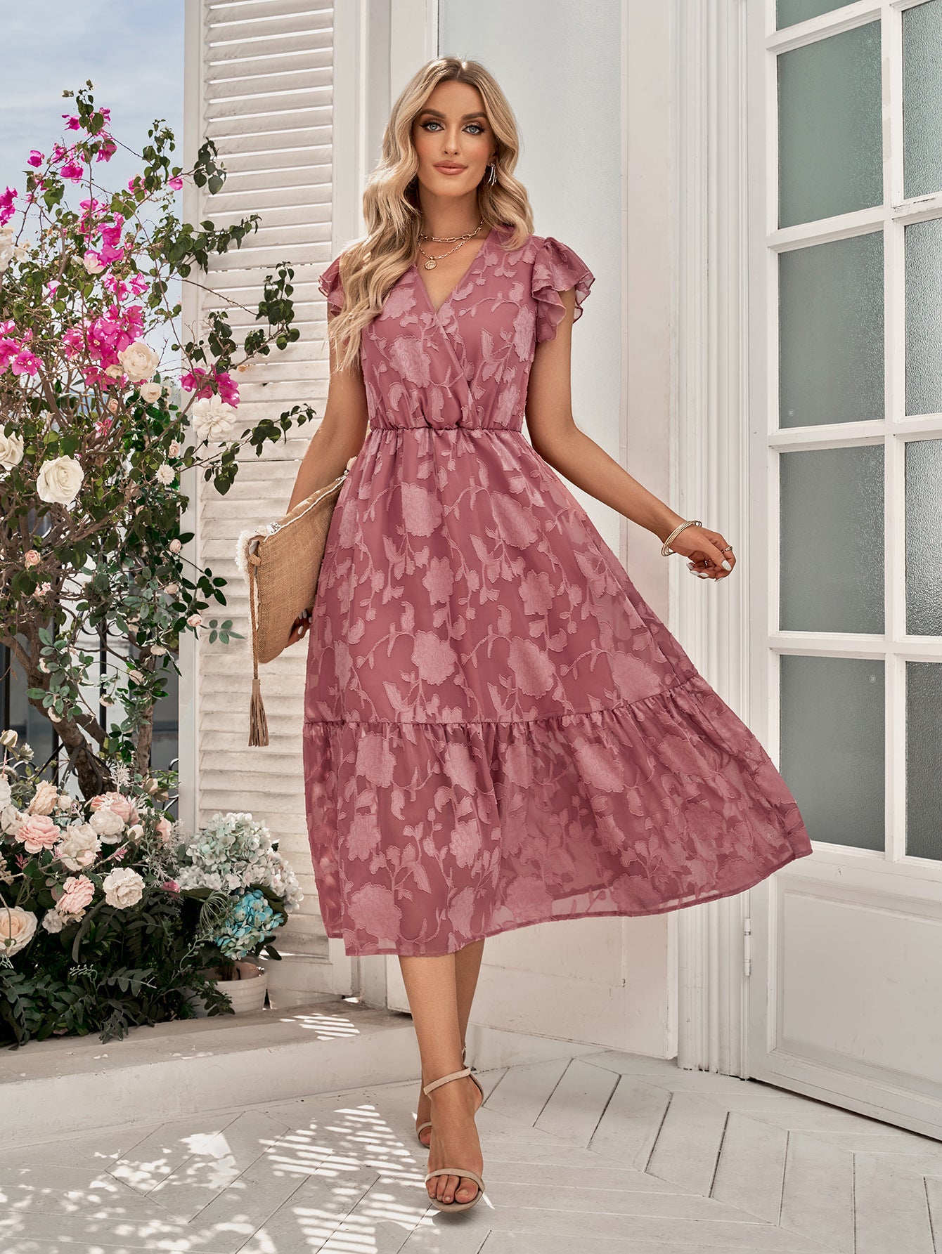 Robe fleurie femme rose devant