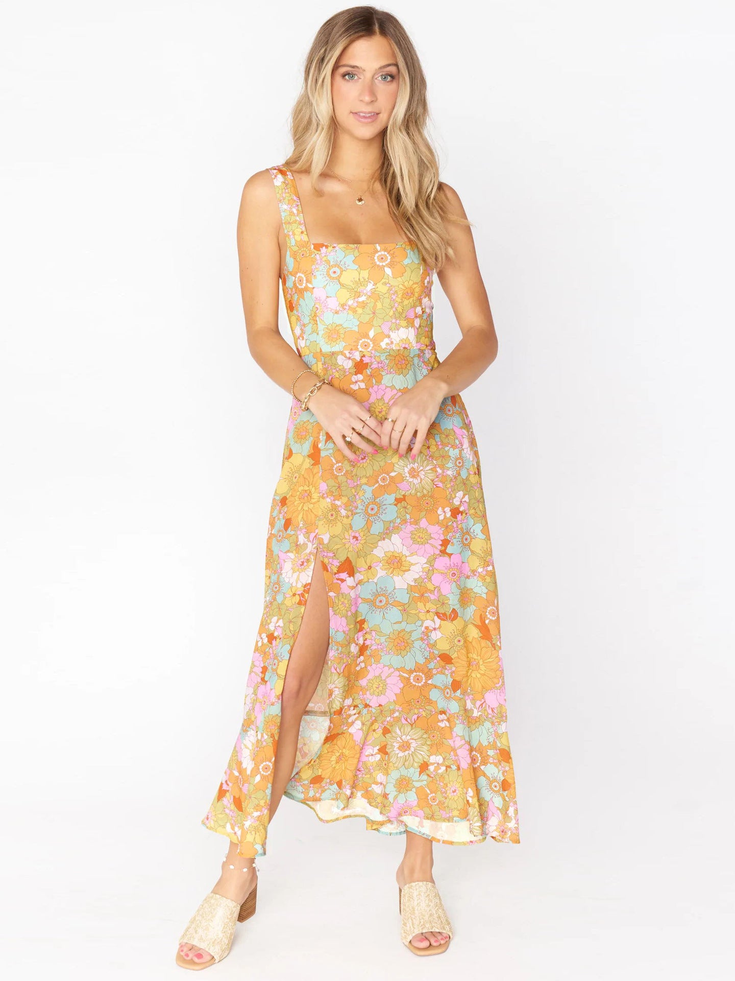 Robe longue fleurie hippie multicolore femme