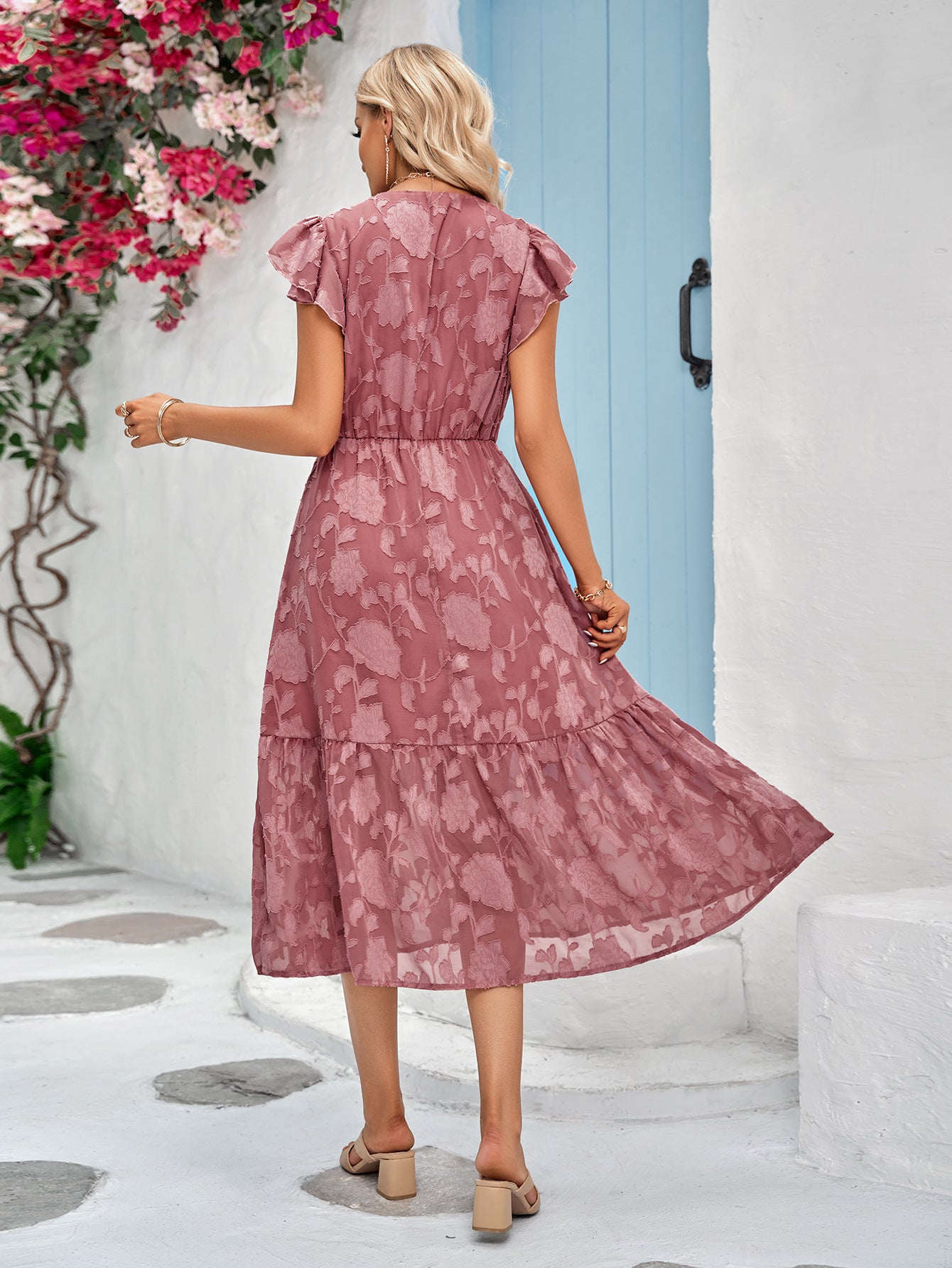 Robe fleurie femme rose dos