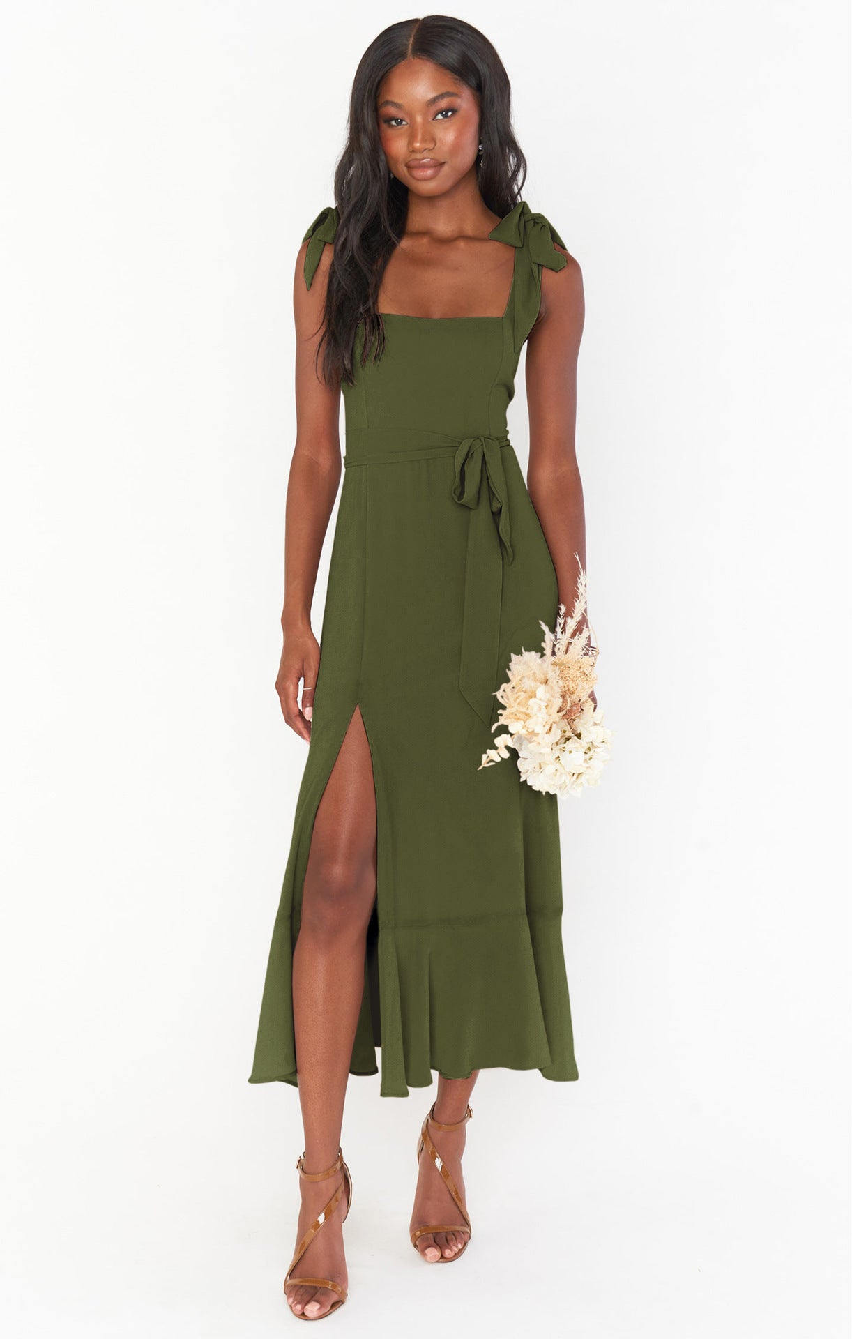 Robe bohème chic pour mariage vert armé longue