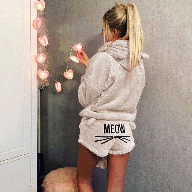 Pyjama deux pièces pilou-pilou "meow" pour femme avec oreilles beige