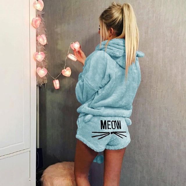 Pyjama deux pièces pilou-pilou "meow" pour femme avec oreilles bleu