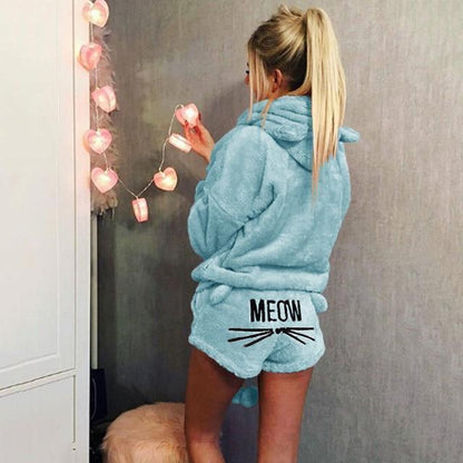 Pyjama deux pièces pilou-pilou "meow" pour femme avec oreilles bleu