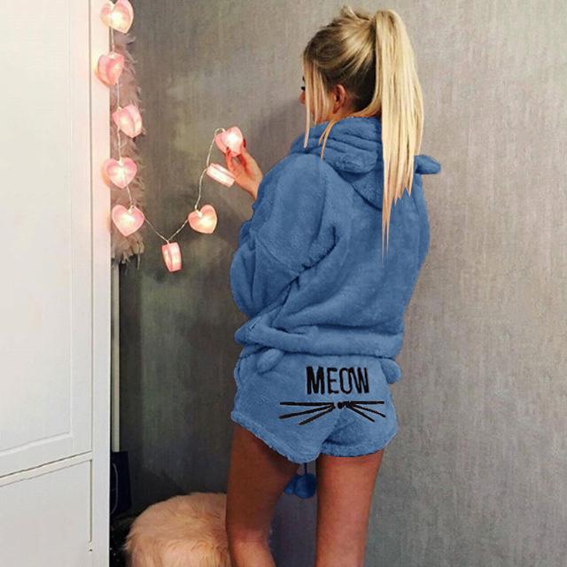 Pyjama deux pièces pilou-pilou "meow" pour femme bleu avec oreilles de chat