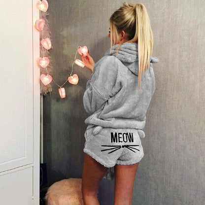 Pyjama deux pièces pilou-pilou "meow" avec oreilles pour femme gris