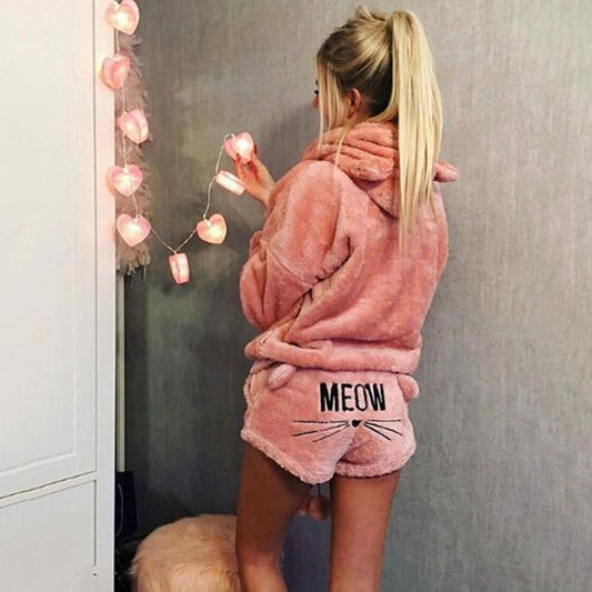 Pyjama deux pièces pilou-pilou "meow" pour femme avec oreilles rose