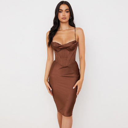 Robe corset Satin-Marron-XS- - Belishop