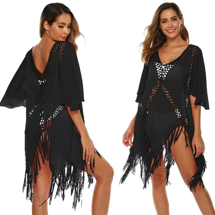 Robe de plage à franges-Noir-Taille Unique- - Belishop