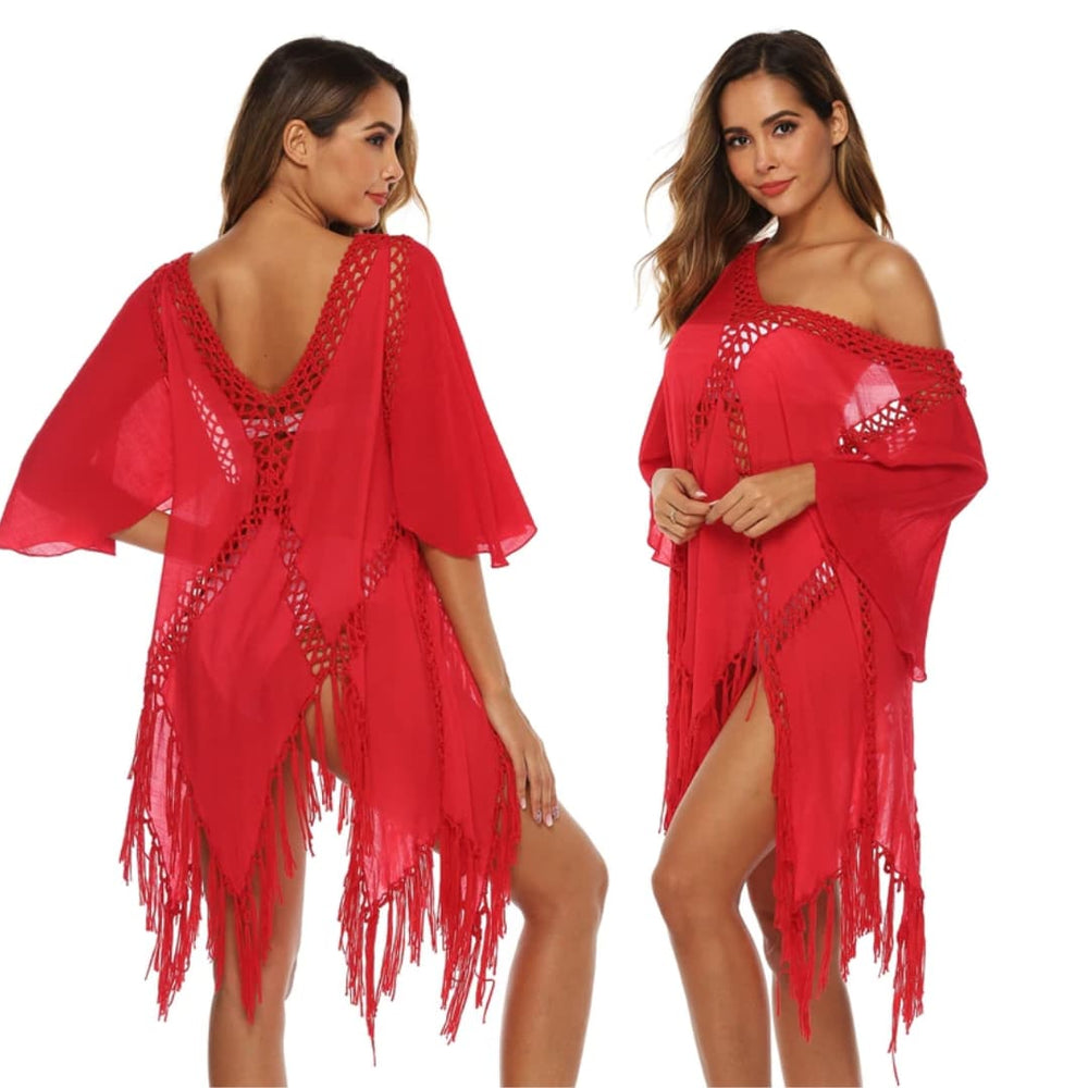 Robe de plage à franges-Rouge-Taille Unique- - Belishop