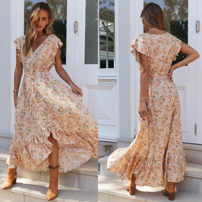 Robe longue fleurie printanière de dos