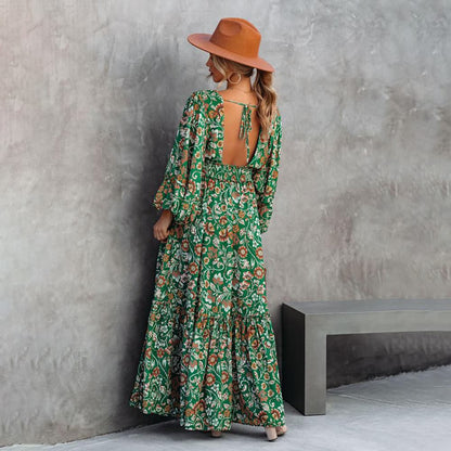 Robe verte longue fleurie - Belishop