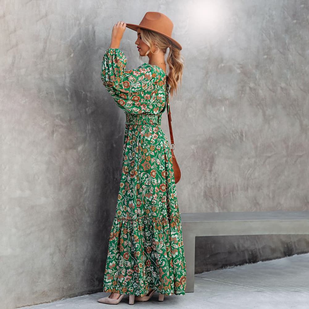 Robe longue fleurie verte- - Belishop