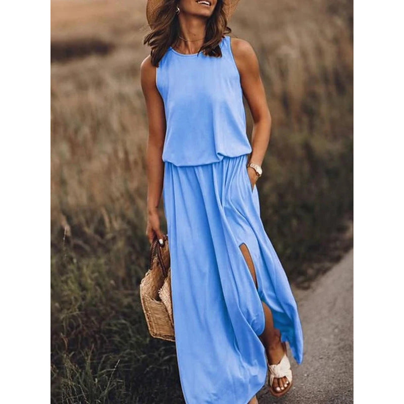 Robe longue fluide Swania-Bleu-S- - Belishop